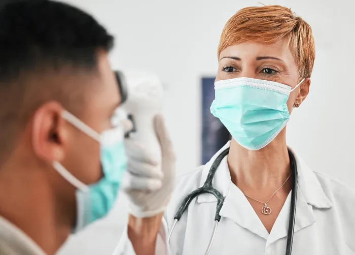 Framed Print : Laser, mask or doctor with thermometer for healthcare in hospital clinic or medical center Framed Print : Laser, mask or doctor with thermometer for healthcare in hospital clinic or medical center