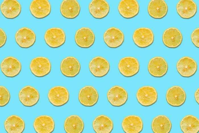 Framed Print : Lemon Slices on a Blue Background in a Pattern Framed Print : Lemon Slices on a Blue Background in a Pattern