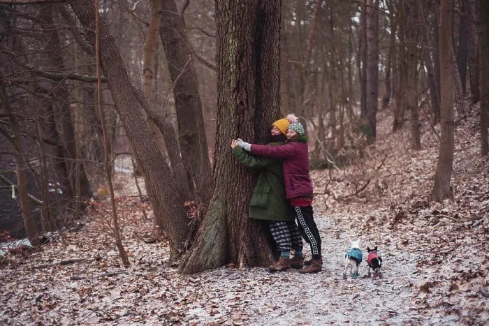 Framed Print : Lesbian couple hug a tree together with small dogs in winter germany Framed Print : Lesbian couple hug a tree together with small dogs in winter germany