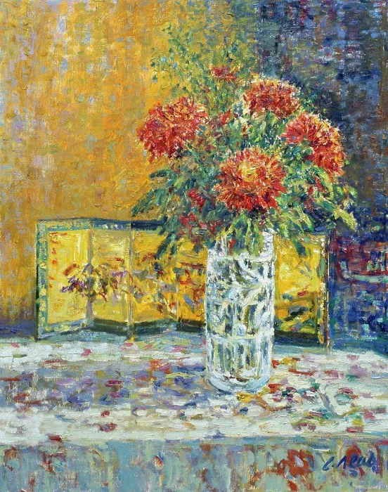 Framed Print : Still Life, Red and Gold Chrysanthemums with 1930's Pressed Glass Vase Charles Neal (b.1951 British) Oil On Canvas