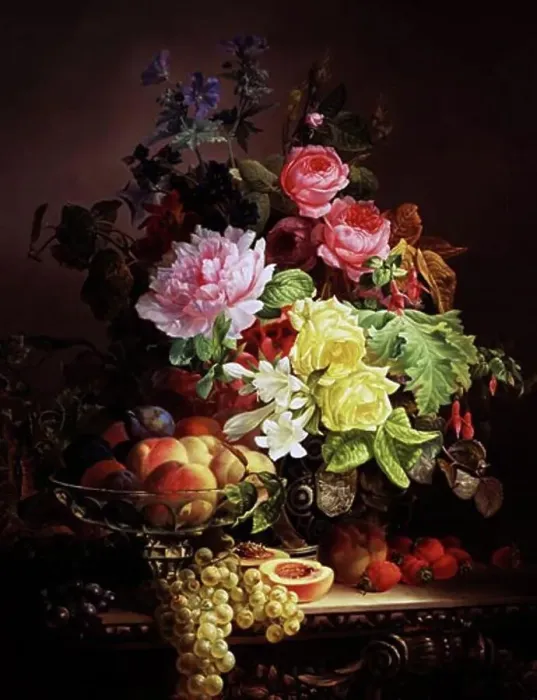 Framed Print : A Still Life of Roses, Lilies and Strawberries Francois Charette-Duval (ac.1836-1878 French)