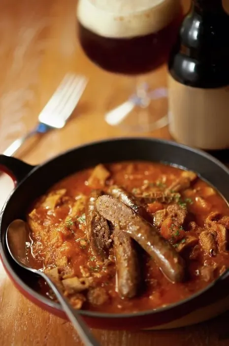 Framed Print : Still life with sausage stew and beer Framed Print : Still life with sausage stew and beer