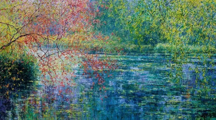 Framed Print : The Lily Pond Reflections-Morning, July 2004 Charles Neal (b.1951 / British) Oil on canvas