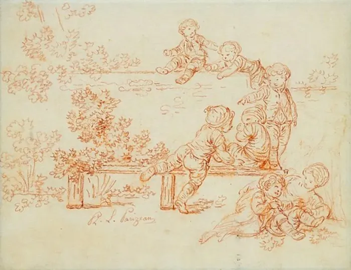 Framed Print : Little Boys Playing and Climbing a Wall. Philippe-Louis Parizeau (1740-1801). Red chalk. 17.8 x 22.8cm Framed Print : Little Boys Playing and Climbing a Wall. Philippe-Louis Parizeau (1740-1801). Red chalk. 17.8 x 22.8cm