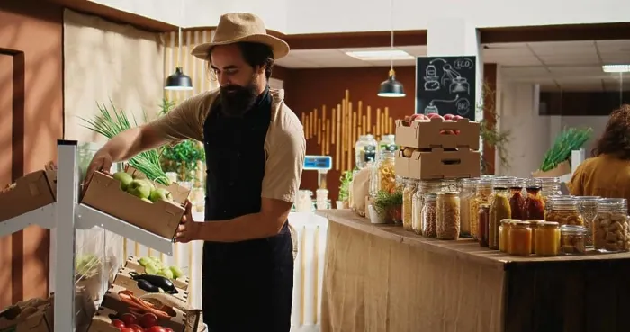Framed Print : Locally grown food bio store restock