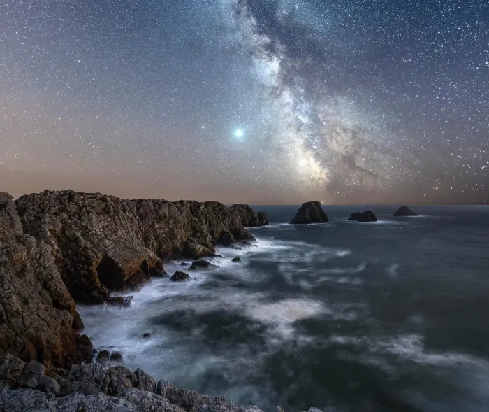 Framed Print : Long exposure of the Milky Way above the cape of Pen Hir, Brittany, France, Europe