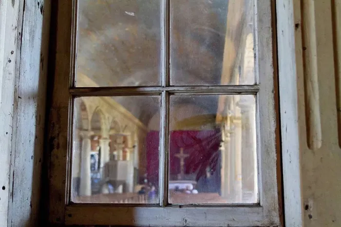 Framed Print : Look by the front door of a wooden church, Chiloe, Chile