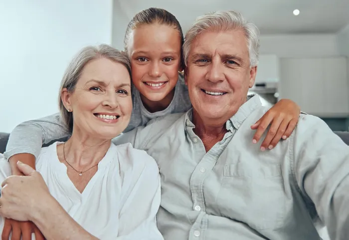 Framed Print : Love, family and portrait by girl and grandparents on sofa for bond Framed Print : Love, family and portrait by girl and grandparents on sofa for bond