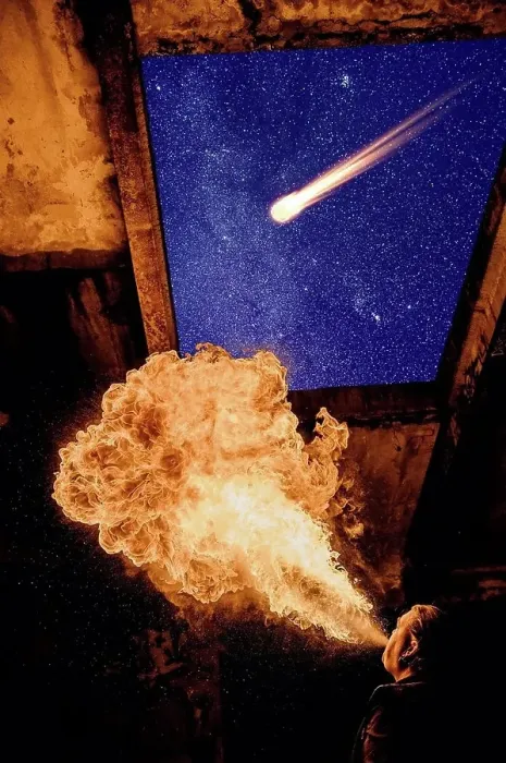 Framed Print : Low angle view of man fire breathing, meteor in starry night sky Framed Print : Low angle view of man fire breathing, meteor in starry night sky
