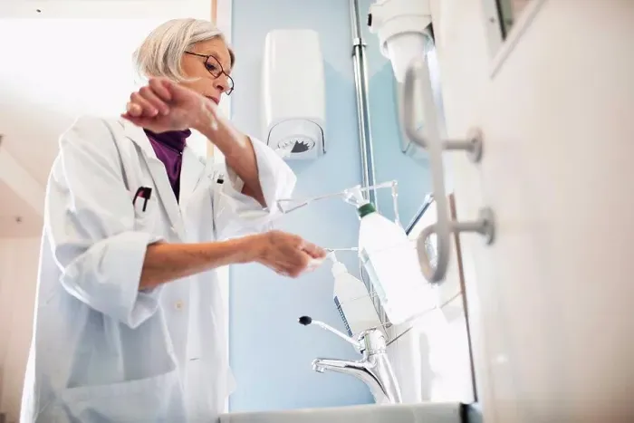 Framed Print : Low angle view of senior female doctor using soap dispenser to wash hands in bathroom Framed Print : Low angle view of senior female doctor using soap dispenser to wash hands in bathroom