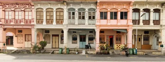 Framed Print : Malaysia, Penang, George Town, Row of heritage houses in sunlight Framed Print : Malaysia, Penang, George Town, Row of heritage houses in sunlight
