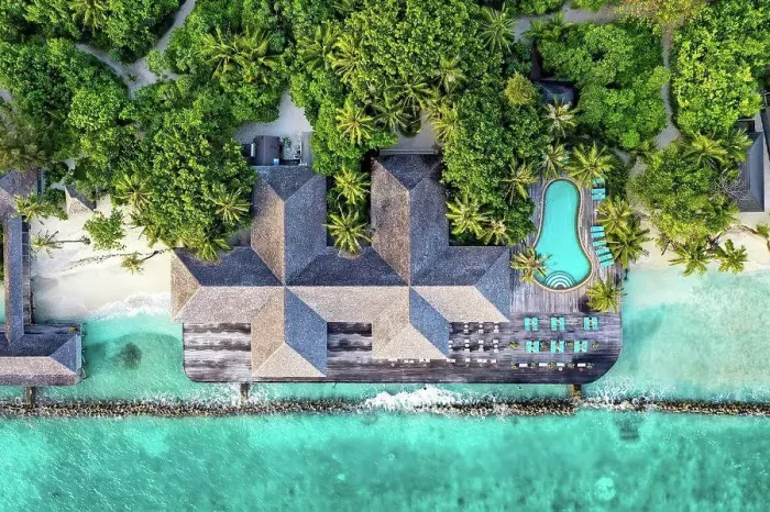 Framed Print : Maldives, Lhaviyani Atoll, Kuredu, Aerial view of coastal tourist resort with outdoor swimming pool Framed Print : Maldives, Lhaviyani Atoll, Kuredu, Aerial view of coastal tourist resort with outdoor swimming pool