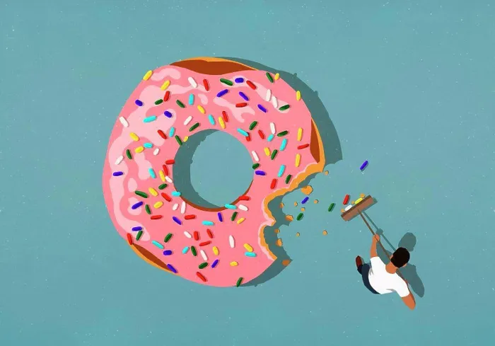 Framed Print : Man with broom sweeping up donut sprinkles Framed Print : Man with broom sweeping up donut sprinkles