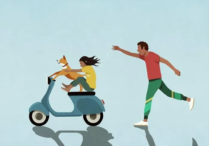 Framed Print : Man chasing after girl and dog riding motor scooter Framed Print : Man chasing after girl and dog riding motor scooter