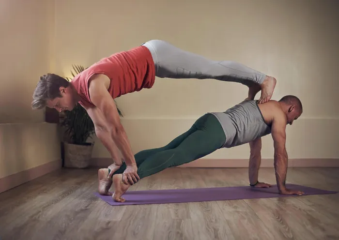 Framed Print : Man, friends and yoga for wellness Framed Print : Man, friends and yoga for wellness