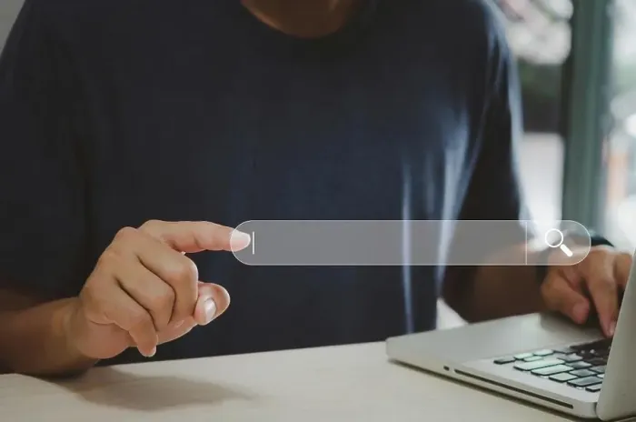 Framed Print : Man hand using computer touch virtual search icon