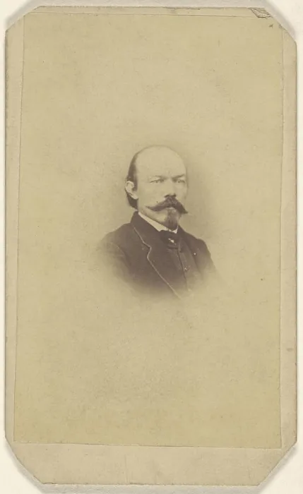 Framed Print : man with handlebar moustache and goatee, printed in vignette-style; 1865 - 1870; Albumen silver print