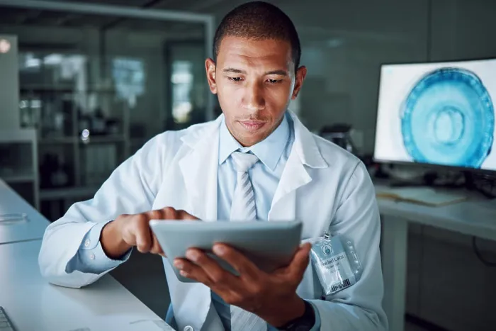 Framed Print : Man, night or tablet in science laboratory for medical research Framed Print : Man, night or tablet in science laboratory for medical research