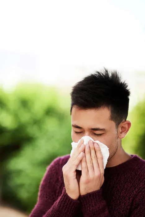 Framed Print : Man, outdoor and ill with tissue for allergies or pollen