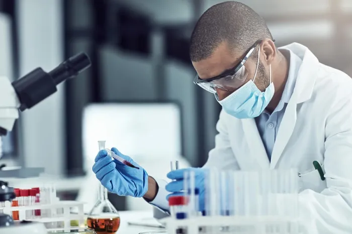 Framed Print : Man, science and blood sample in lab with test tube Framed Print : Man, science and blood sample in lab with test tube