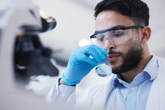 Framed Print : Man, smell or scientist with liquid to research for a test analysis Framed Print : Man, smell or scientist with liquid to research for a test analysis