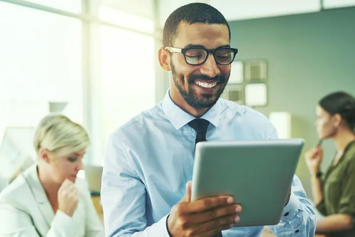 Framed Print : Man, tablet and happy with reading in office