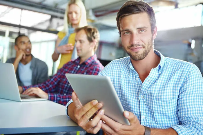 Framed Print : Man, tablet and portrait at startup Framed Print : Man, tablet and portrait at startup