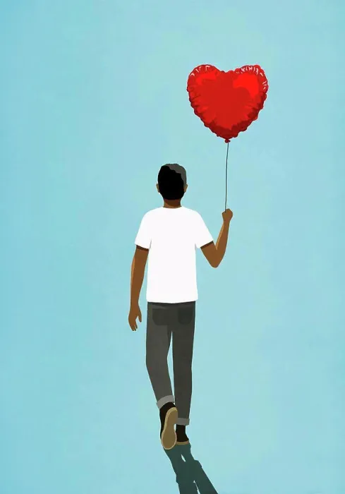 Framed Print : Man walking with heart shape balloon Framed Print : Man walking with heart shape balloon