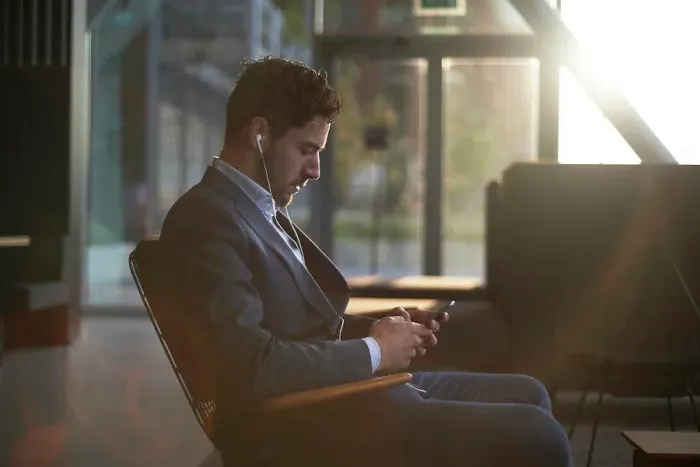Framed Print : Man wearing a suit waiting for his job interview