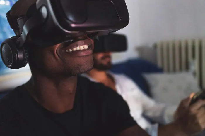 Framed Print : Man wearing virtual reality headset Framed Print : Man wearing virtual reality headset