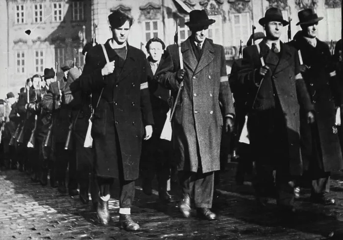 Framed Print : On The March In Prague - Armed worker guards on the march through the streets of Prague - one of the many Framed Print : On The March In Prague - Armed worker guards on the march through the streets of Prague - one of the many