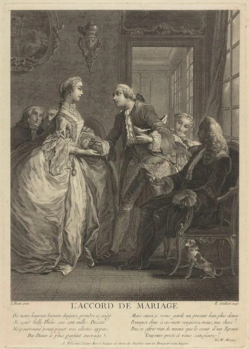Framed Print : Marriage contract by Eisen, Charles (1720-1778) /  Private Collection /  18th century /  France /  Etching /  Rococo /  38x27 /  Genre