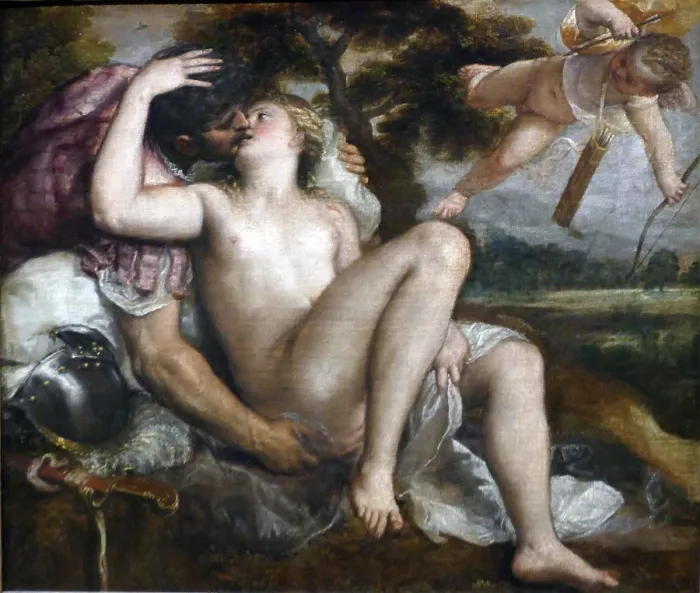 Framed Print : Mars, Venus and Amor, around 1550. By Tizian Werkstatt (1488-1576)
