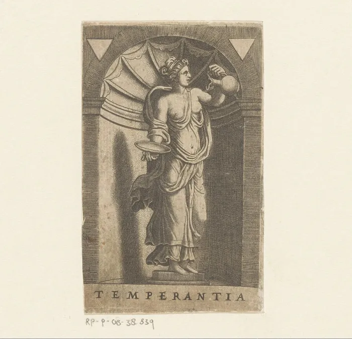 Framed Print : Matigheid; Temperantia.Virtence female personification (Temperantia) standing in a niche and pouring with a donate Framed Print : Matigheid; Temperantia.Virtence female personification (Temperantia) standing in a niche and pouring with a donate