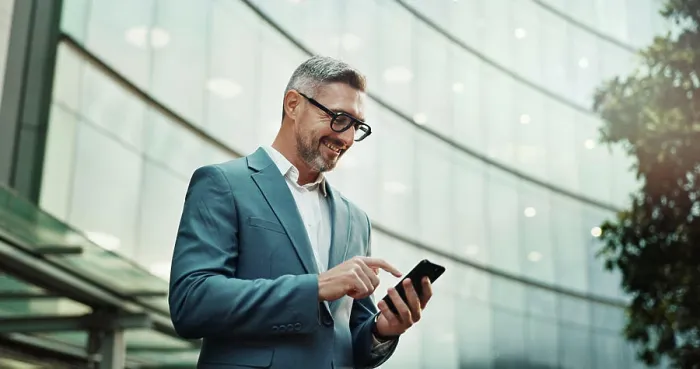 Framed Print : Mature, typing and city businessman smartphone Framed Print : Mature, typing and city businessman smartphone