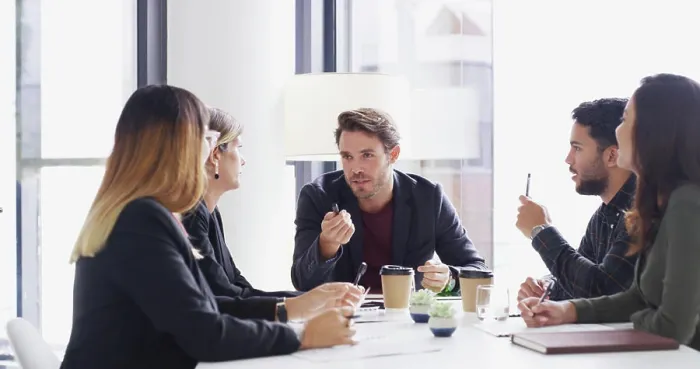 Framed Print : Meeting, business people and brainstorming with manager in office for idea or financial strategy Framed Print : Meeting, business people and brainstorming with manager in office for idea or financial strategy