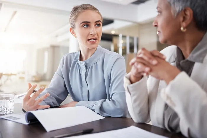 Framed Print : Meeting, discussion and business women with documents for marketing strategy