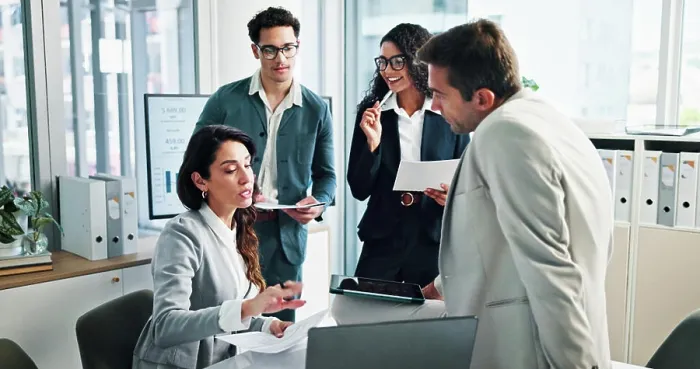 Framed Print : Meeting, document or business people with shareholders in discussion for planning or capital growth
