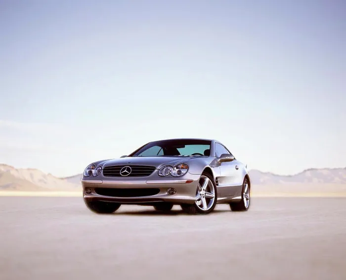 Framed Print : Mercedes Benz SL500 SL-Class 2003 silver dry lake bed