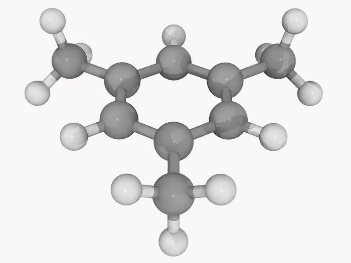 Framed Print : Mesitylene, molecular model. Derivative of benzene with three methyl substituents