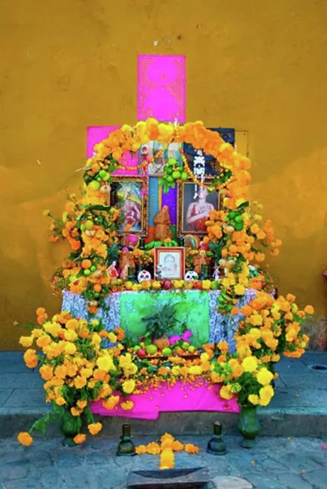 Framed Print : Mexico;Brightly colored personal shrine to commemorate a loved one for Mexican Day of the Dead