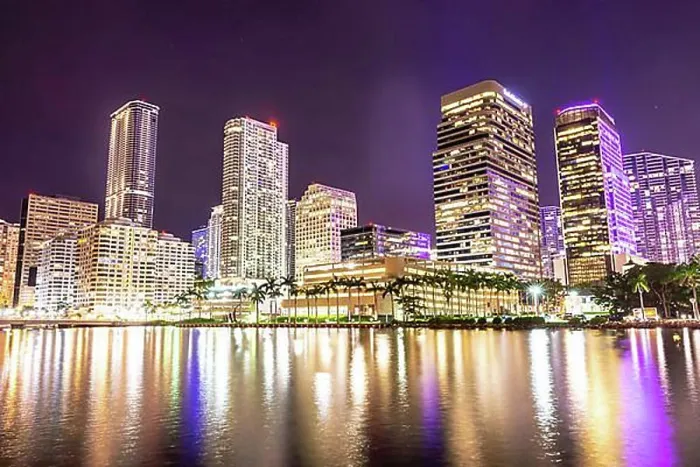 Framed Print : Miami downtown skyline under night lights and reflections Framed Print : Miami downtown skyline under night lights and reflections