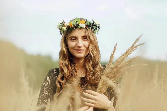 Framed Print : Middle Eastern woman wearing flower crown holding wheat Framed Print : Middle Eastern woman wearing flower crown holding wheat