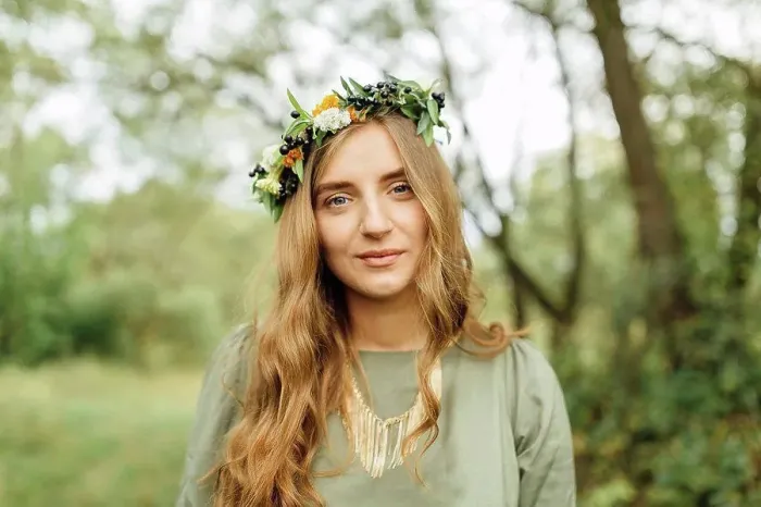 Framed Print : Middle Eastern woman wearing flower crown in woods Framed Print : Middle Eastern woman wearing flower crown in woods