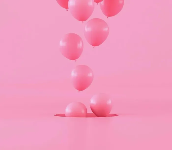 Framed Print : Minimal conceptual idea of floating pink balloons on pastel background. 3D rendering