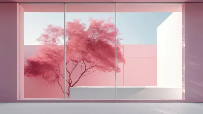 Framed Print : minimalistic interior design with large windows and a pink tree Framed Print : minimalistic interior design with large windows and a pink tree