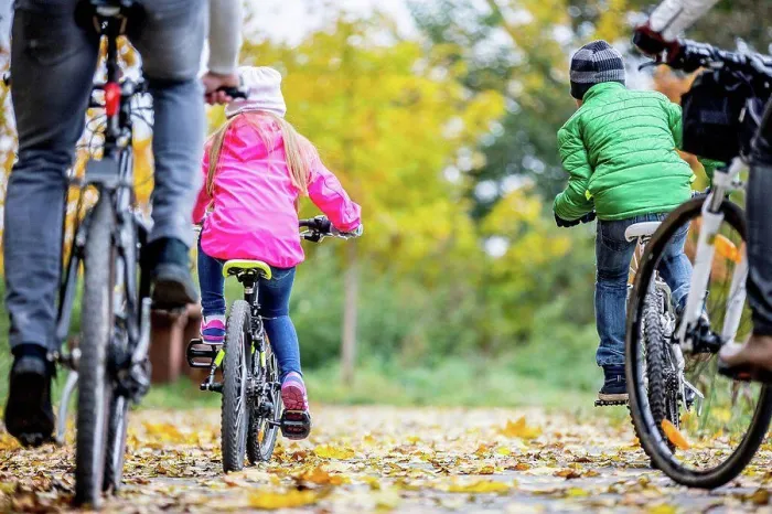 Framed Print : MODEL RELEASED. Rear view of family cycling together in autumn