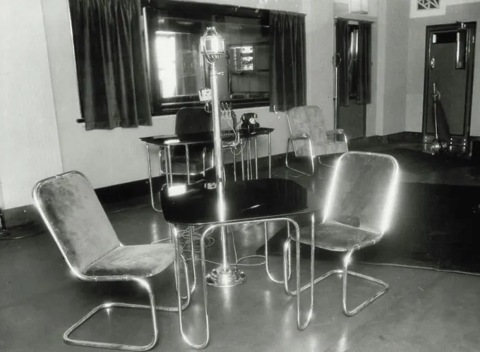 Framed Print : Modern appointments at 2UW's new studio in the state shopping block to the opened tonight steel furniture has pride of