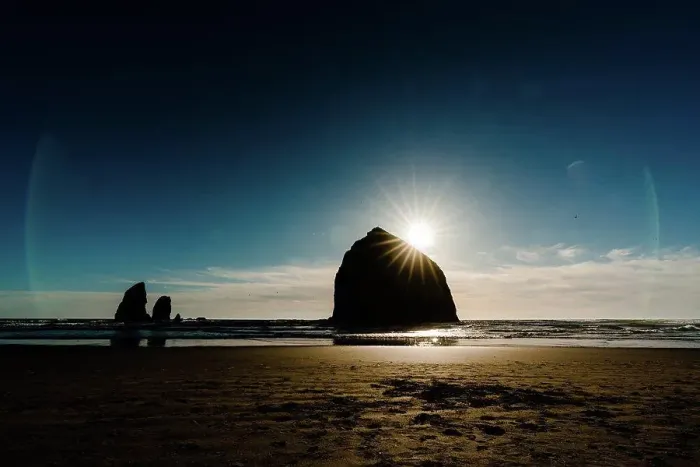 Framed Print : Moody image of haystack rock just before sunset Framed Print : Moody image of haystack rock just before sunset