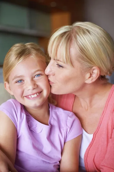 Framed Print : Mother, girl and kiss for love in portrait